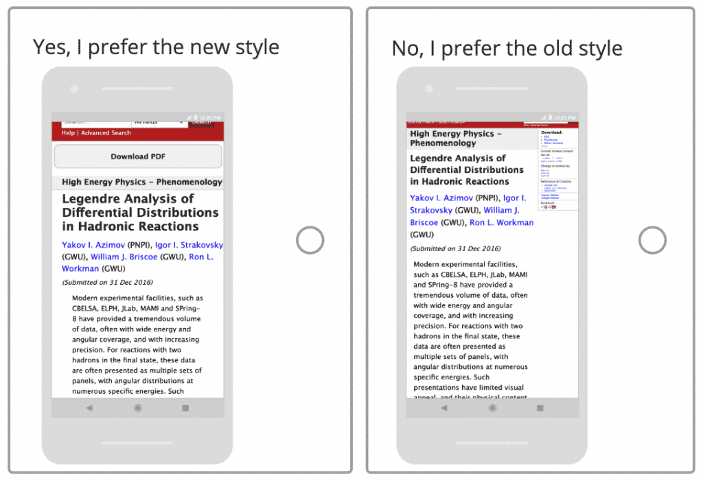 arxive survey question comparing the existing abstract page to a mobile-friendly version