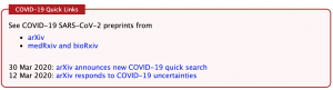 arXiv COVID-19快速链接，如主页所示