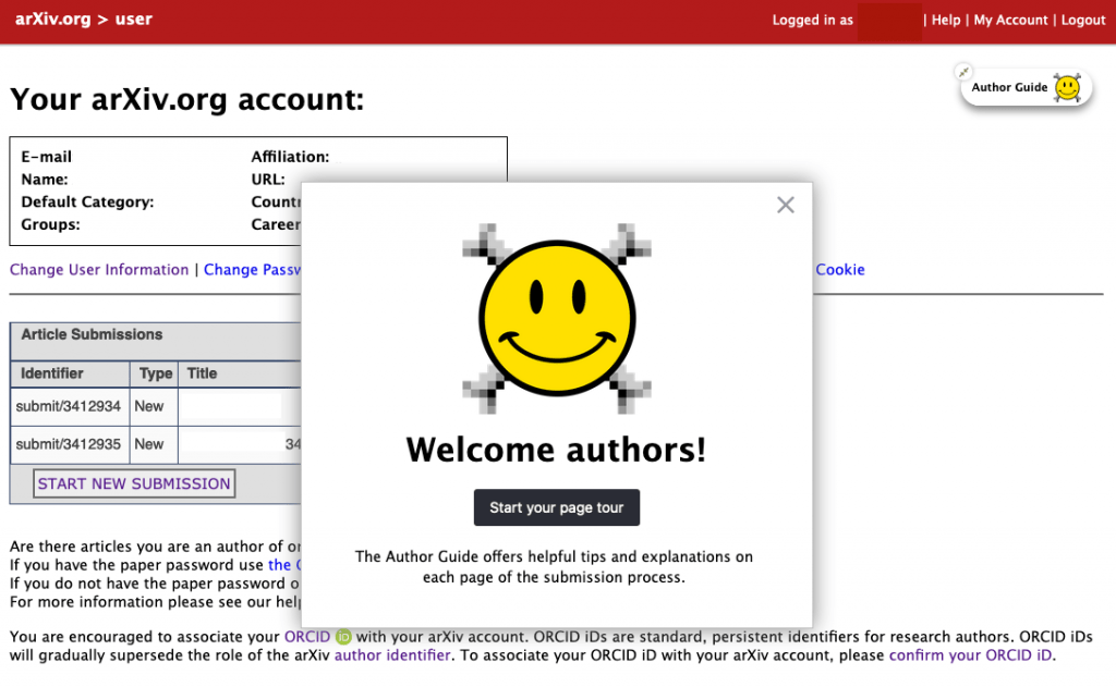 screenshot of author guide welcome, after launching the guide
