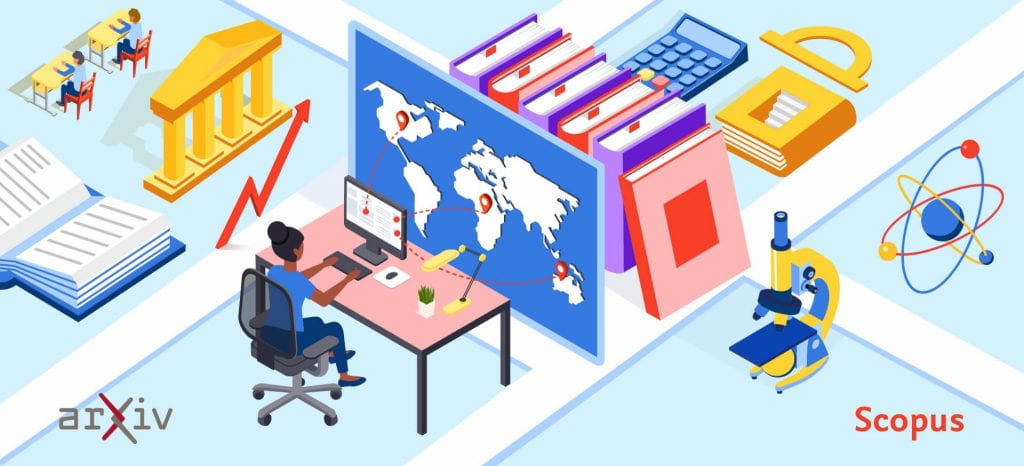 illustration of researcher at desk, world map, and books
